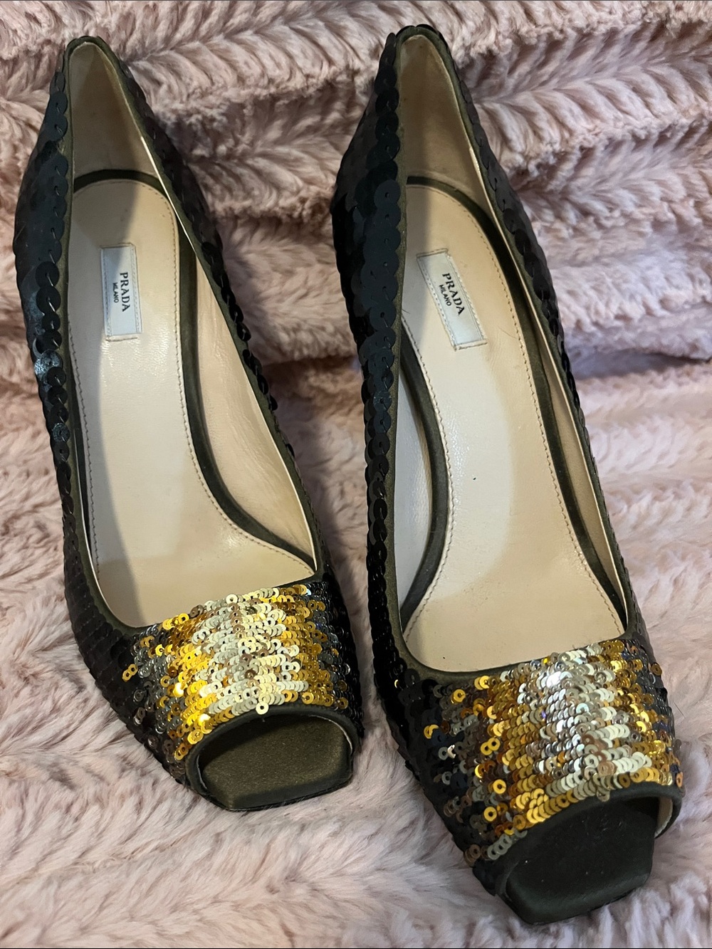 Prada Black Peep-Toe Pumps with Gold Sequins